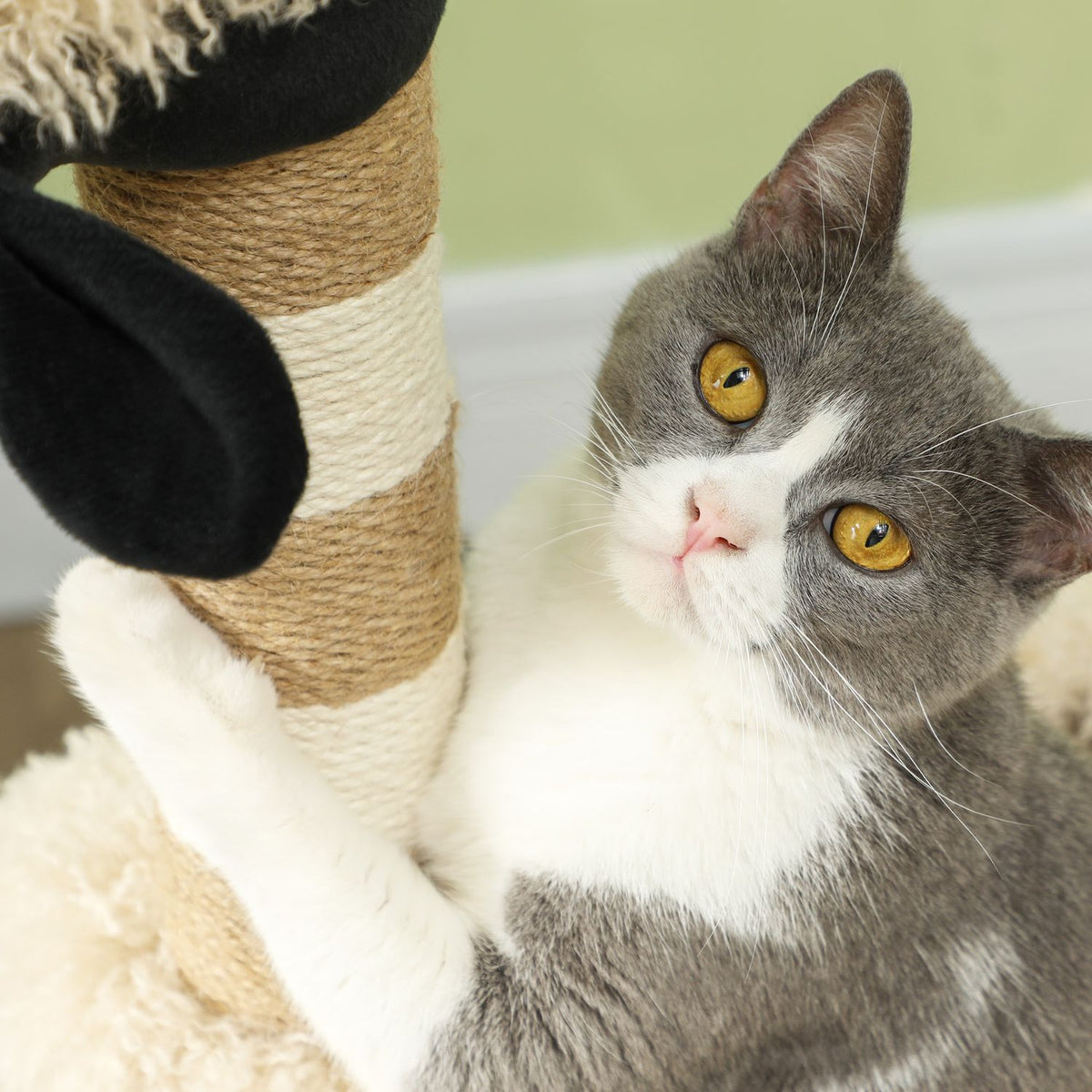 Scratching post 98 cm cat tree with scratching post, tunnel, play ball, cat scratching post in sheep design, for cats up to 5 kg, light brown