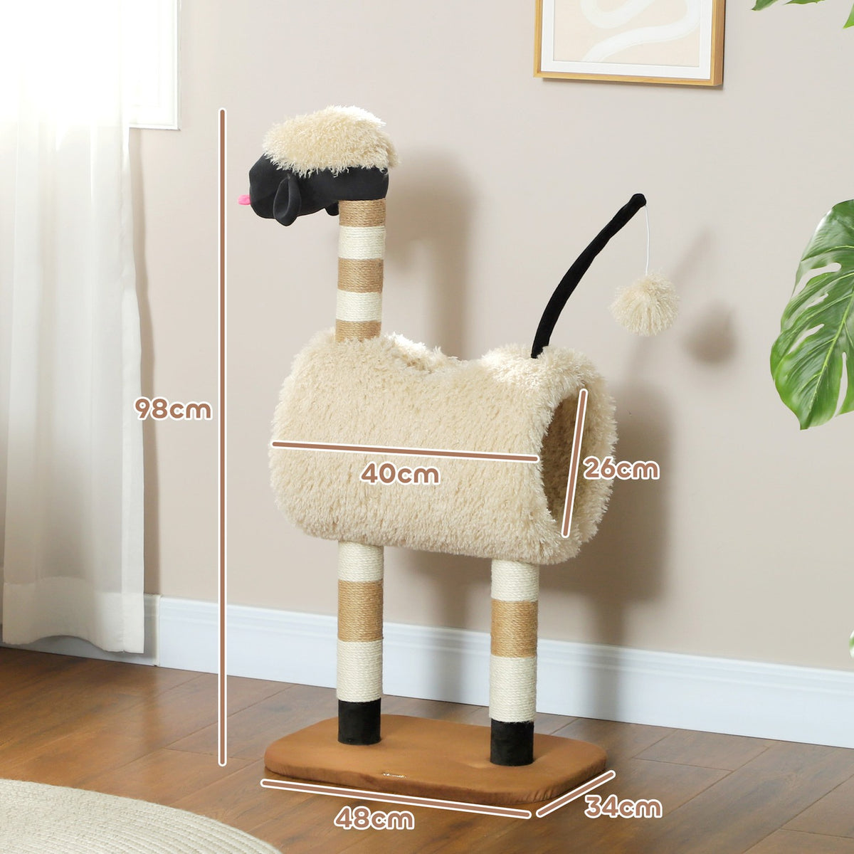 Scratching post 98 cm cat tree with scratching post, tunnel, play ball, cat scratching post in sheep design, for cats up to 5 kg, light brown