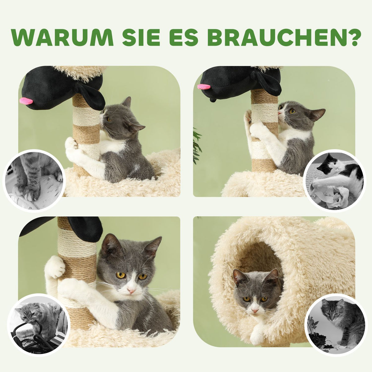 Scratching post 98 cm cat tree with scratching post, tunnel, play ball, cat scratching post in sheep design, for cats up to 5 kg, light brown