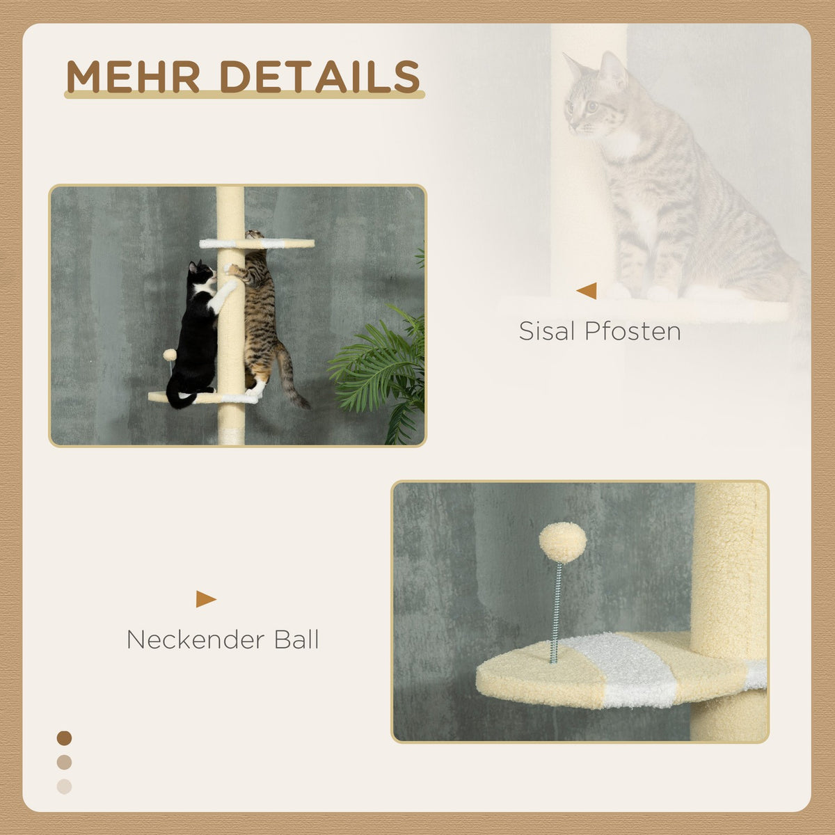 Scratching post, cat scratching post ceiling high, 220-260 cm, climbing tree with play ball, cat tree height adjustable, play tree with tip protection, plush, yellow