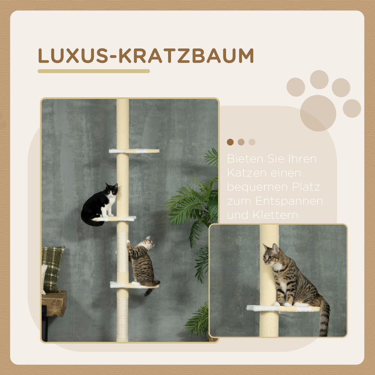 Scratching post, cat scratching post ceiling high, 220-260 cm, climbing tree with play ball, cat tree height adjustable, play tree with tip protection, plush, yellow