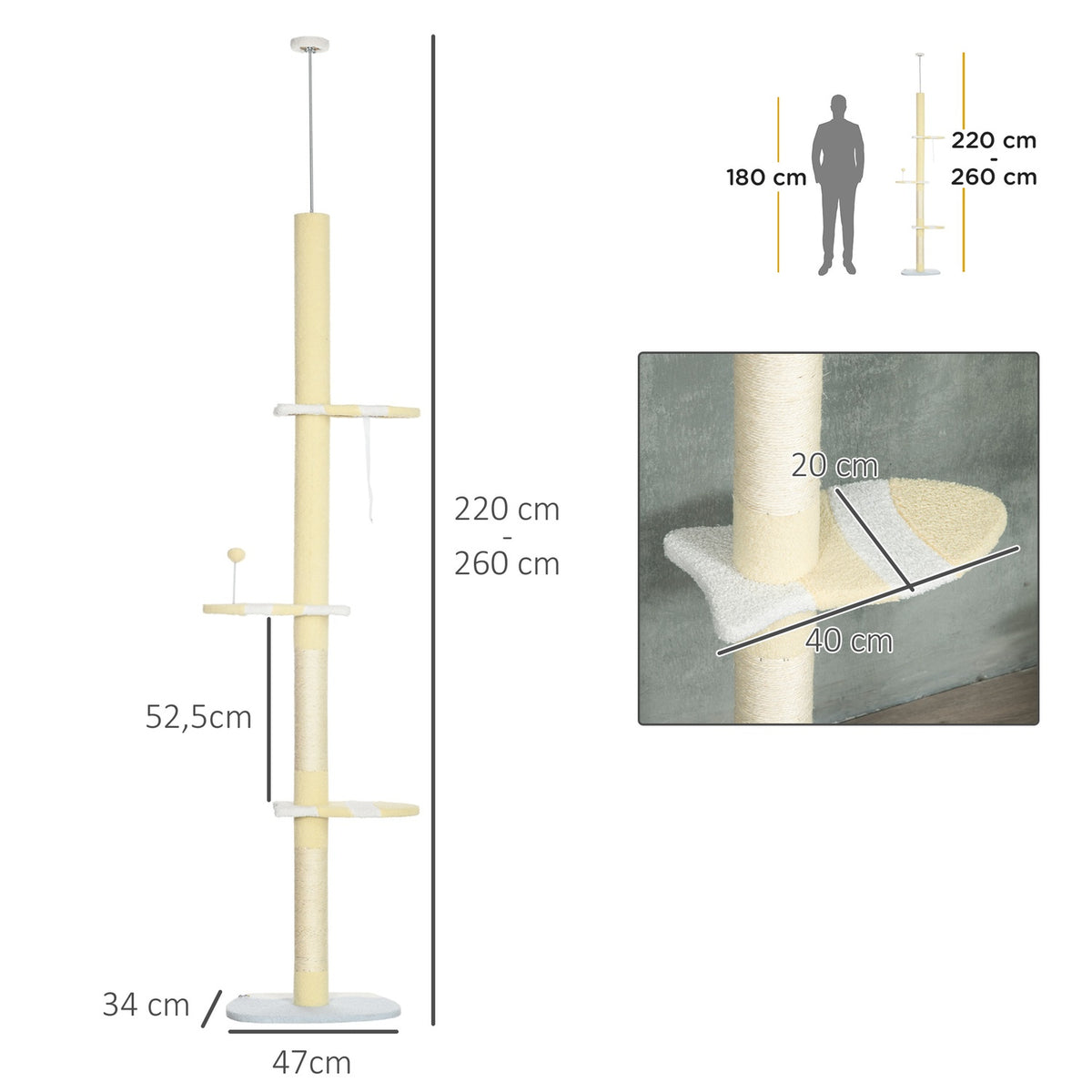 Scratching post, cat scratching post ceiling high, 220-260 cm, climbing tree with play ball, cat tree height adjustable, play tree with tip protection, plush, yellow