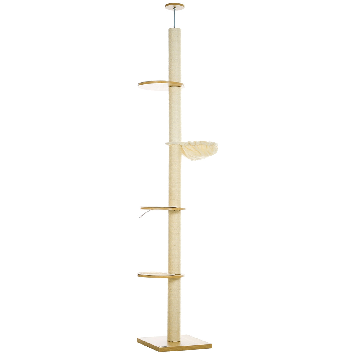 Scratching post, cat scratching post ceiling high, 230-250 cm, climbing tree with hammock, cat tree height adjustable, play tree with tip protection, plush, oak + cream white