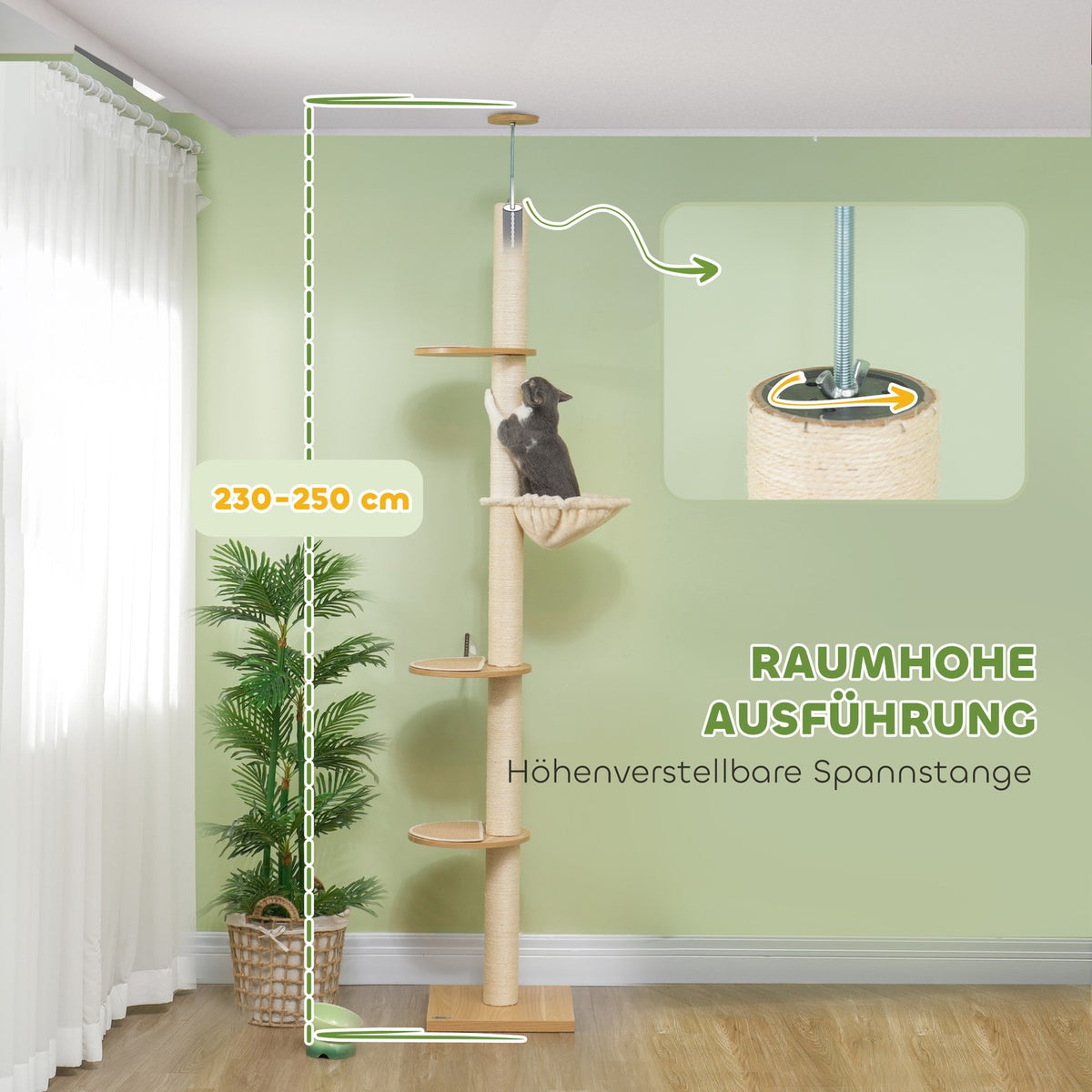 Scratching post, cat scratching post ceiling high, 230-250 cm, climbing tree with hammock, cat tree height adjustable, play tree with tip protection, plush, oak + cream white
