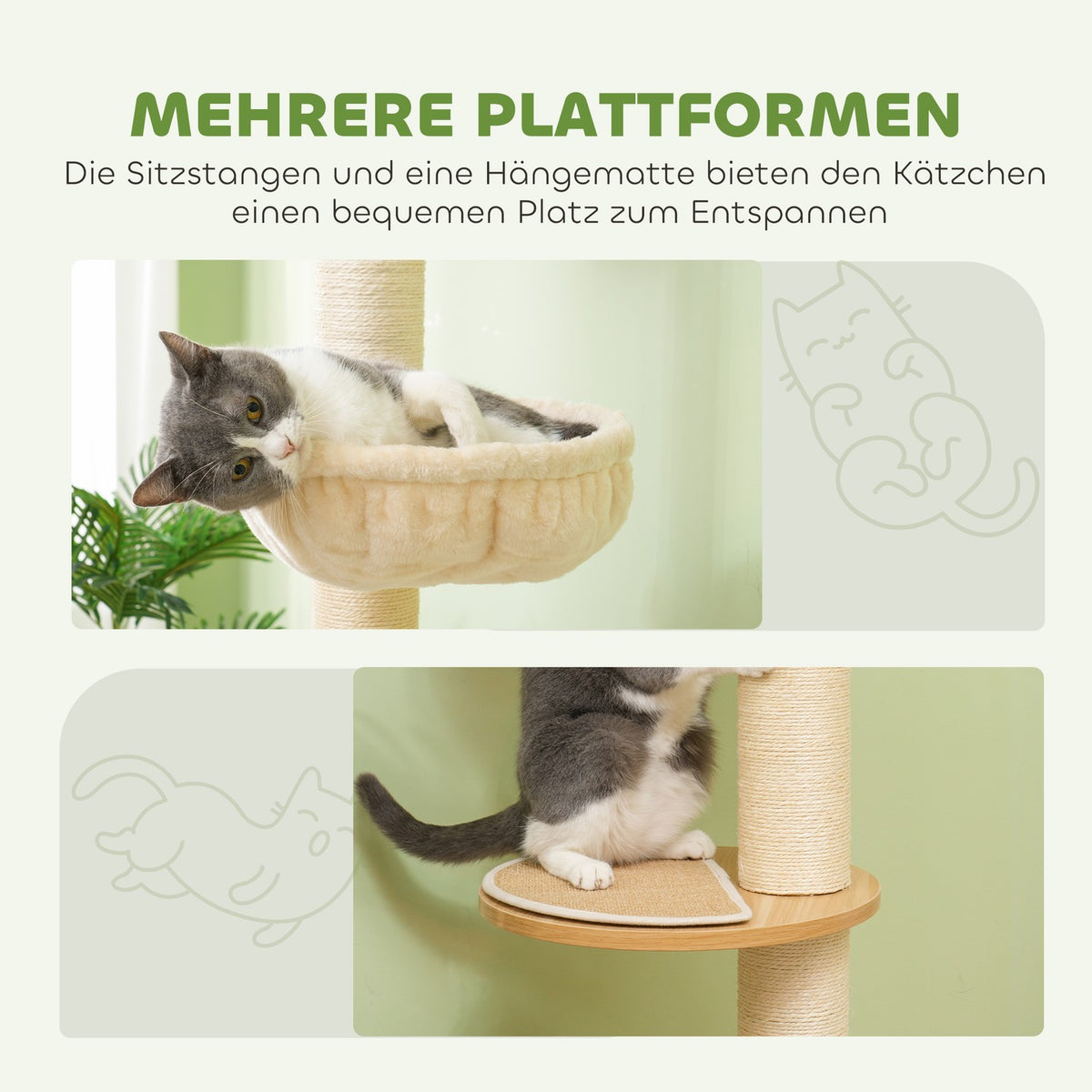 Scratching post, cat scratching post ceiling high, 230-250 cm, climbing tree with hammock, cat tree height adjustable, play tree with tip protection, plush, oak + cream white