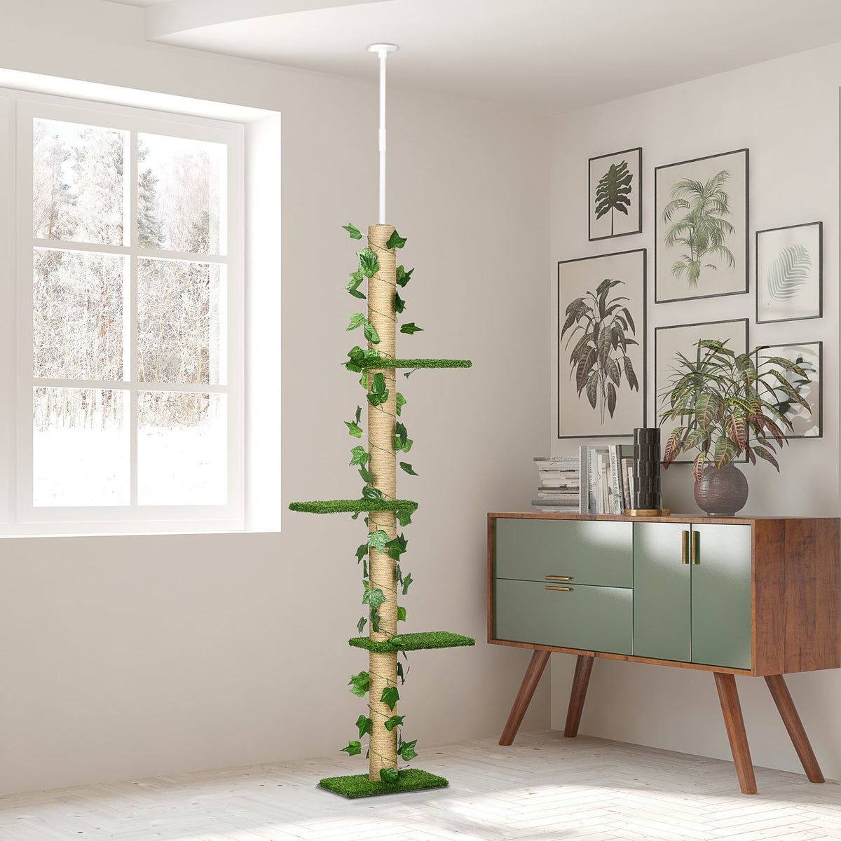 Scratching post ceiling high 202-242 cm, height adjustable Climbing tree with tip protection, play tree made of jute in green and yellow