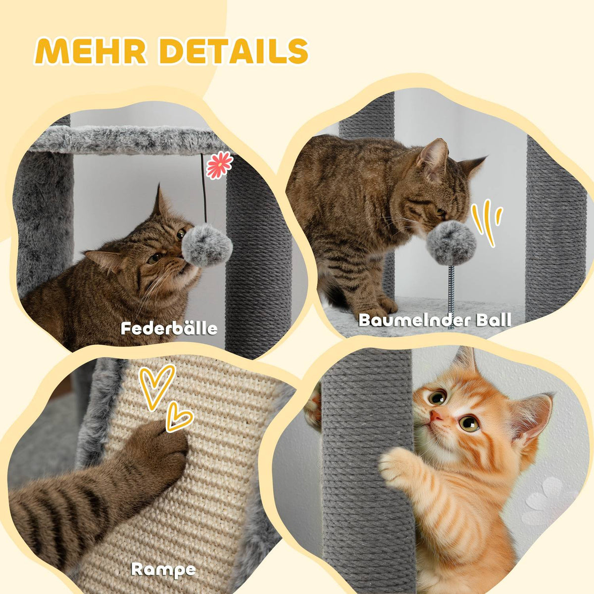 Scratching post ceiling high, cat tree, 225-255 cm cat scratching post with cat cave, scratching posts, basket, play ball, cat furniture with tip protection, gray