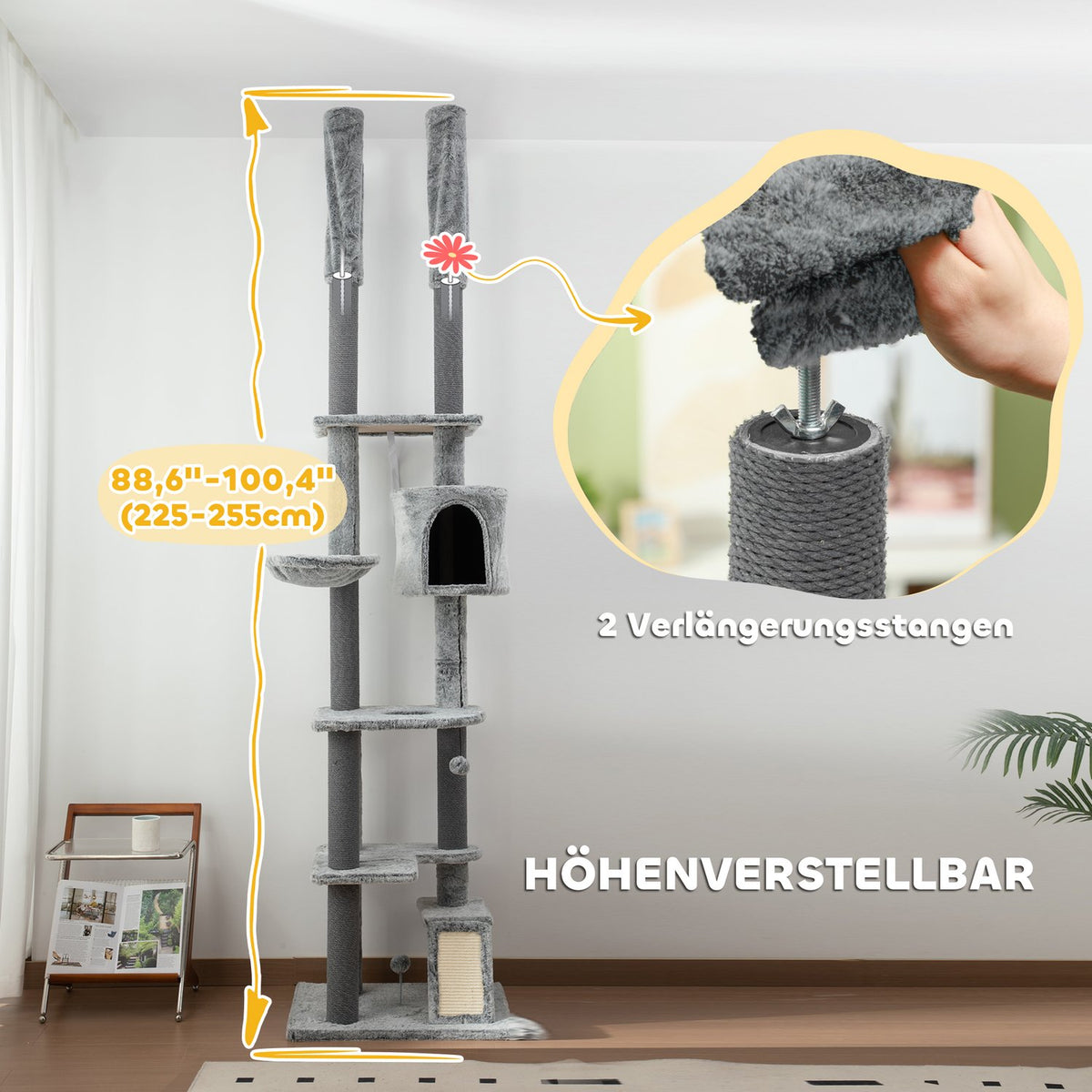 Scratching post ceiling high, cat tree, 225-255 cm cat scratching post with cat cave, scratching posts, basket, play ball, cat furniture with tip protection, gray