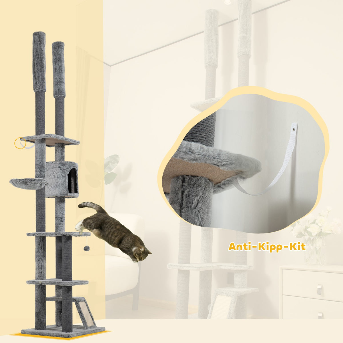 Scratching post ceiling high, cat tree, 225-255 cm cat scratching post with cat cave, scratching posts, basket, play ball, cat furniture with tip protection, gray