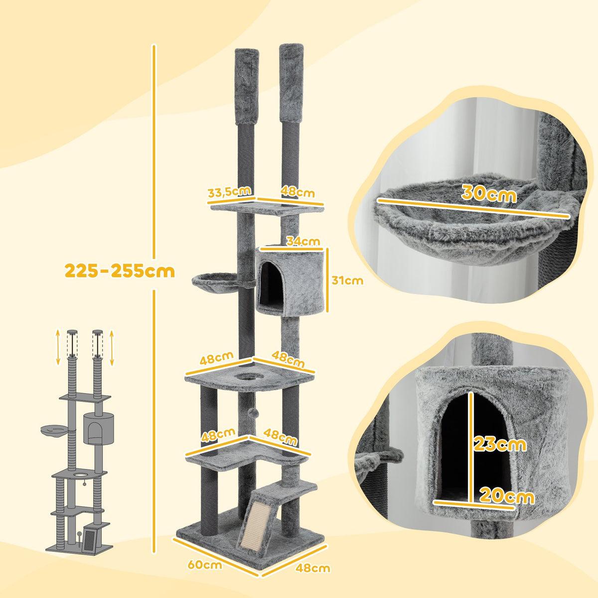 Scratching post ceiling high, cat tree, 225-255 cm cat scratching post with cat cave, scratching posts, basket, play ball, cat furniture with tip protection, gray