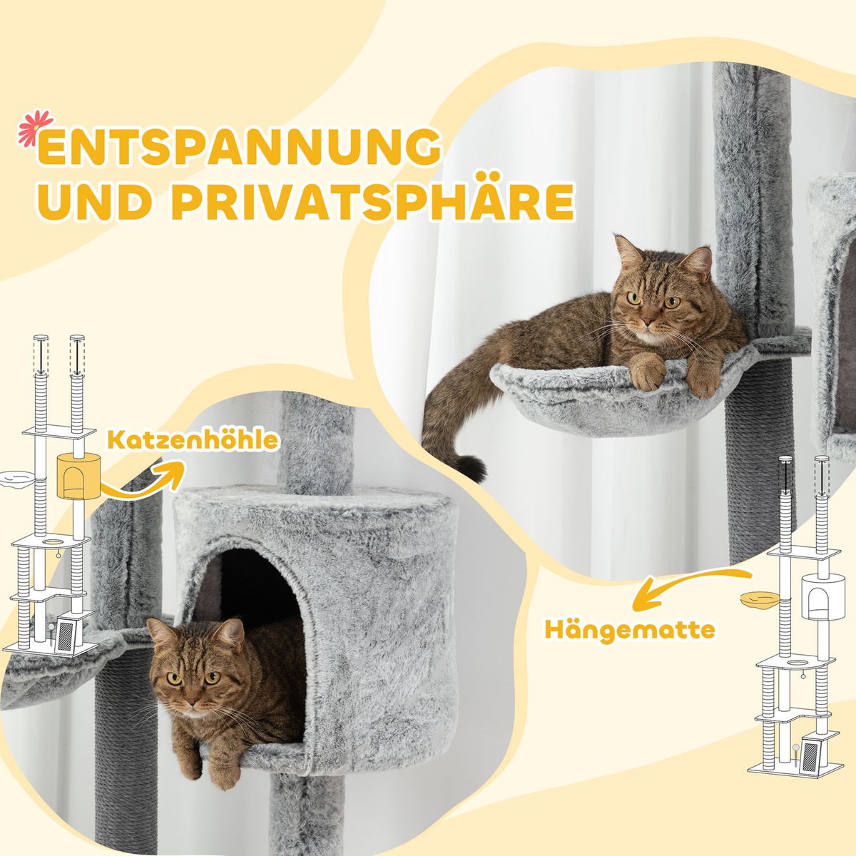 Scratching post ceiling high, cat tree, 225-255 cm cat scratching post with cat cave, scratching posts, basket, play ball, cat furniture with tip protection, gray
