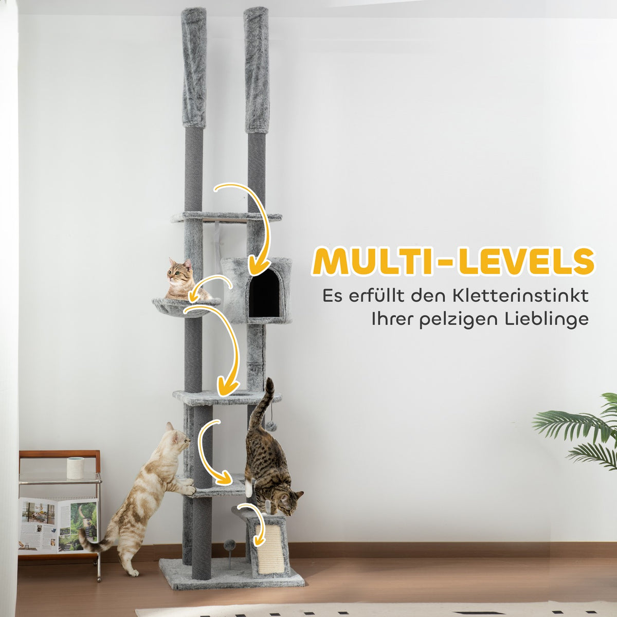 Scratching post ceiling high, cat tree, 225-255 cm cat scratching post with cat cave, scratching posts, basket, play ball, cat furniture with tip protection, gray