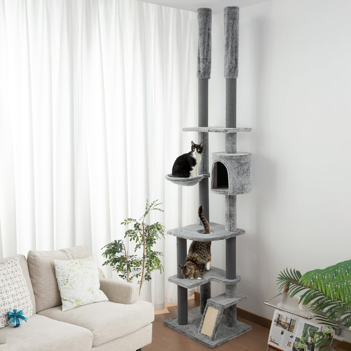 Scratching post ceiling high, cat tree, 225-255 cm cat scratching post with cat cave, scratching posts, basket, play ball, cat furniture with tip protection, gray