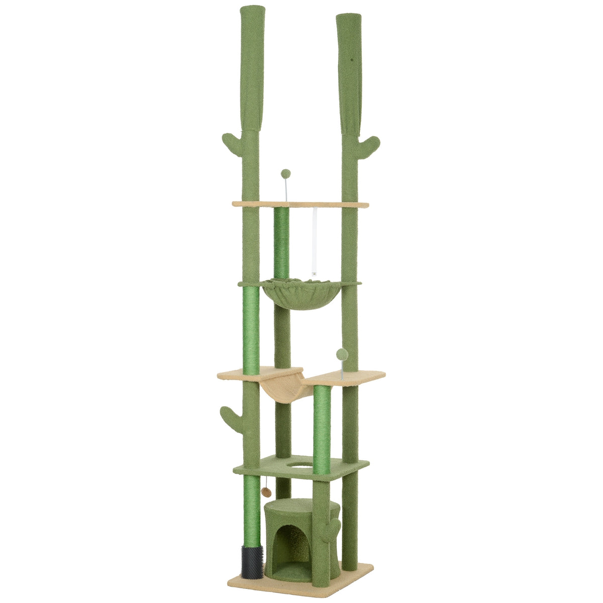 Scratching post ceiling high, cat tree, 225-255 cm cat scratching post with cat cave, scratching posts, basket, play ball, cat furniture with tip protection, green