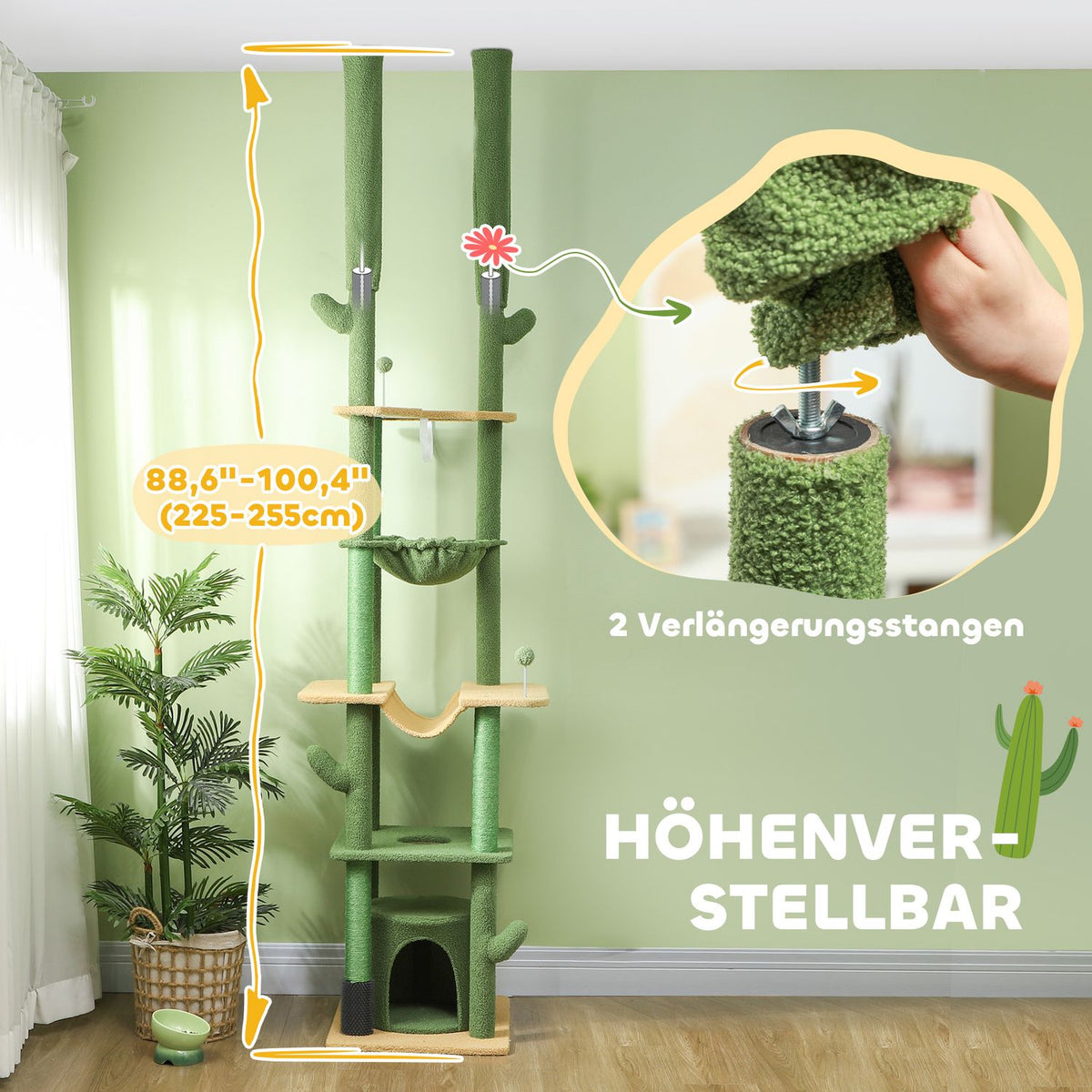 Scratching post ceiling high, cat tree, 225-255 cm cat scratching post with cat cave, scratching posts, basket, play ball, cat furniture with tip protection, green