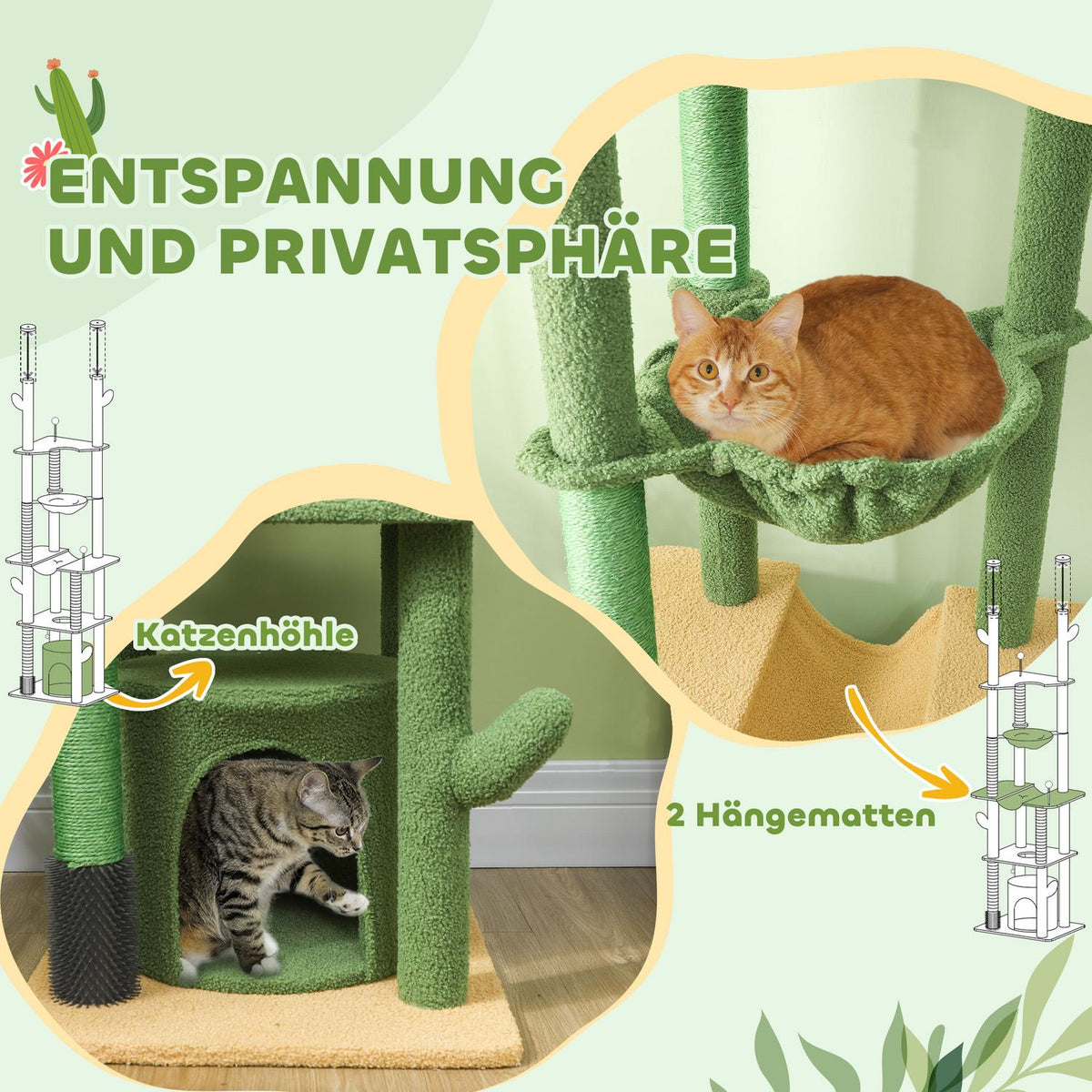 Scratching post ceiling high, cat tree, 225-255 cm cat scratching post with cat cave, scratching posts, basket, play ball, cat furniture with tip protection, green