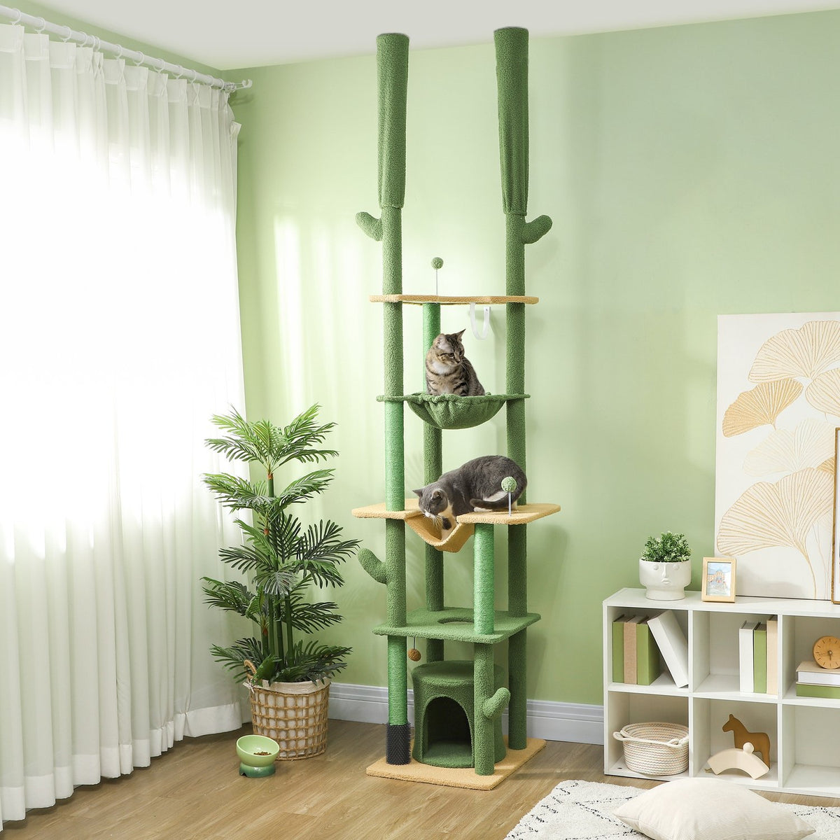 Scratching post ceiling high, cat tree, 225-255 cm cat scratching post with cat cave, scratching posts, basket, play ball, cat furniture with tip protection, green