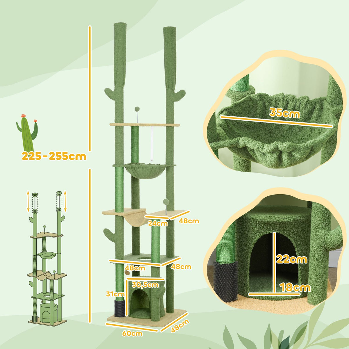 Scratching post ceiling high, cat tree, 225-255 cm cat scratching post with cat cave, scratching posts, basket, play ball, cat furniture with tip protection, green