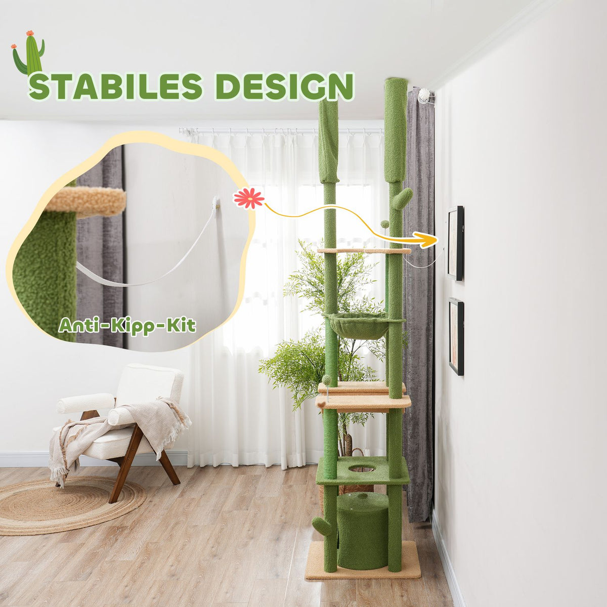 Scratching post ceiling high, cat tree, 225-255 cm cat scratching post with cat cave, scratching posts, basket, play ball, cat furniture with tip protection, green