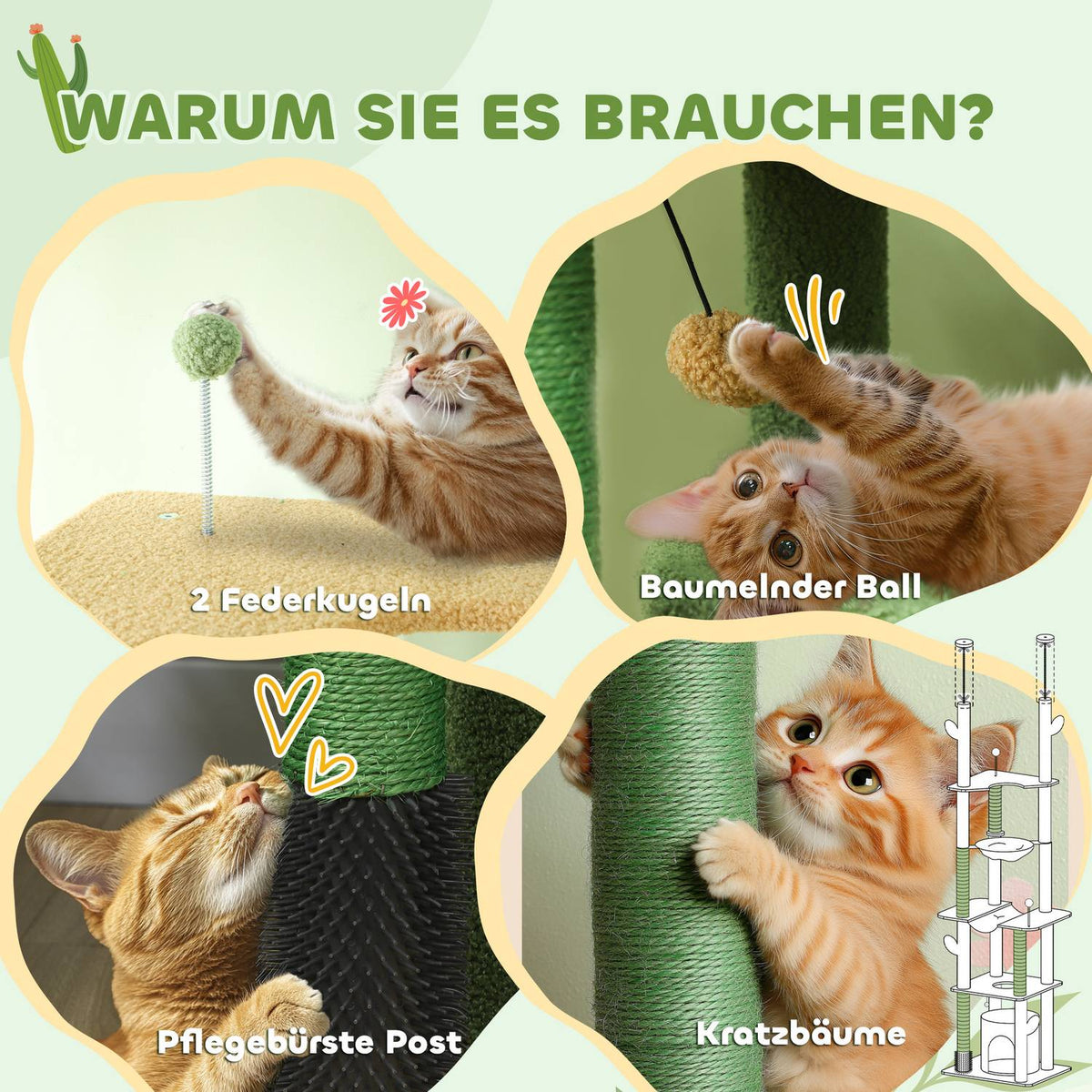Scratching post ceiling high, cat tree, 225-255 cm cat scratching post with cat cave, scratching posts, basket, play ball, cat furniture with tip protection, green