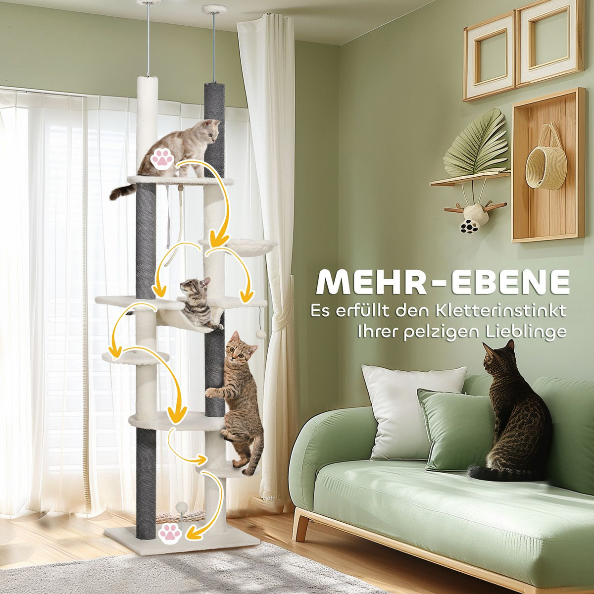 Scratching post ceiling high, cat tree, 225-255 cm cat scratching post with hammocks, scratching posts, basket, play ball, cat furniture with tip protection, white