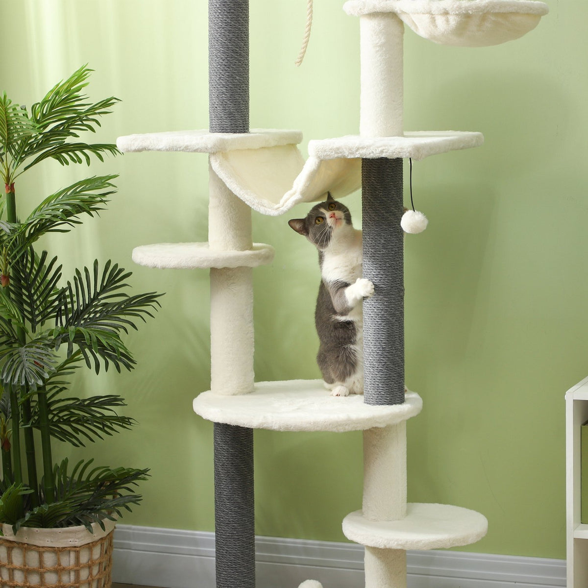 Scratching post ceiling high, cat tree, 225-255 cm cat scratching post with hammocks, scratching posts, basket, play ball, cat furniture with tip protection, white