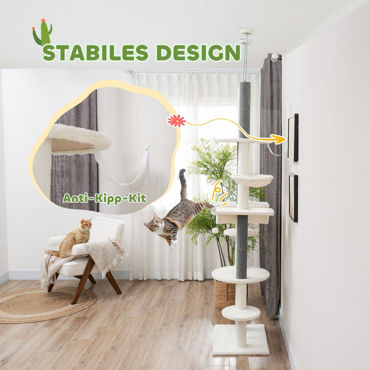 Scratching post ceiling high, cat tree, 225-255 cm cat scratching post with hammocks, scratching posts, basket, play ball, cat furniture with tip protection, white