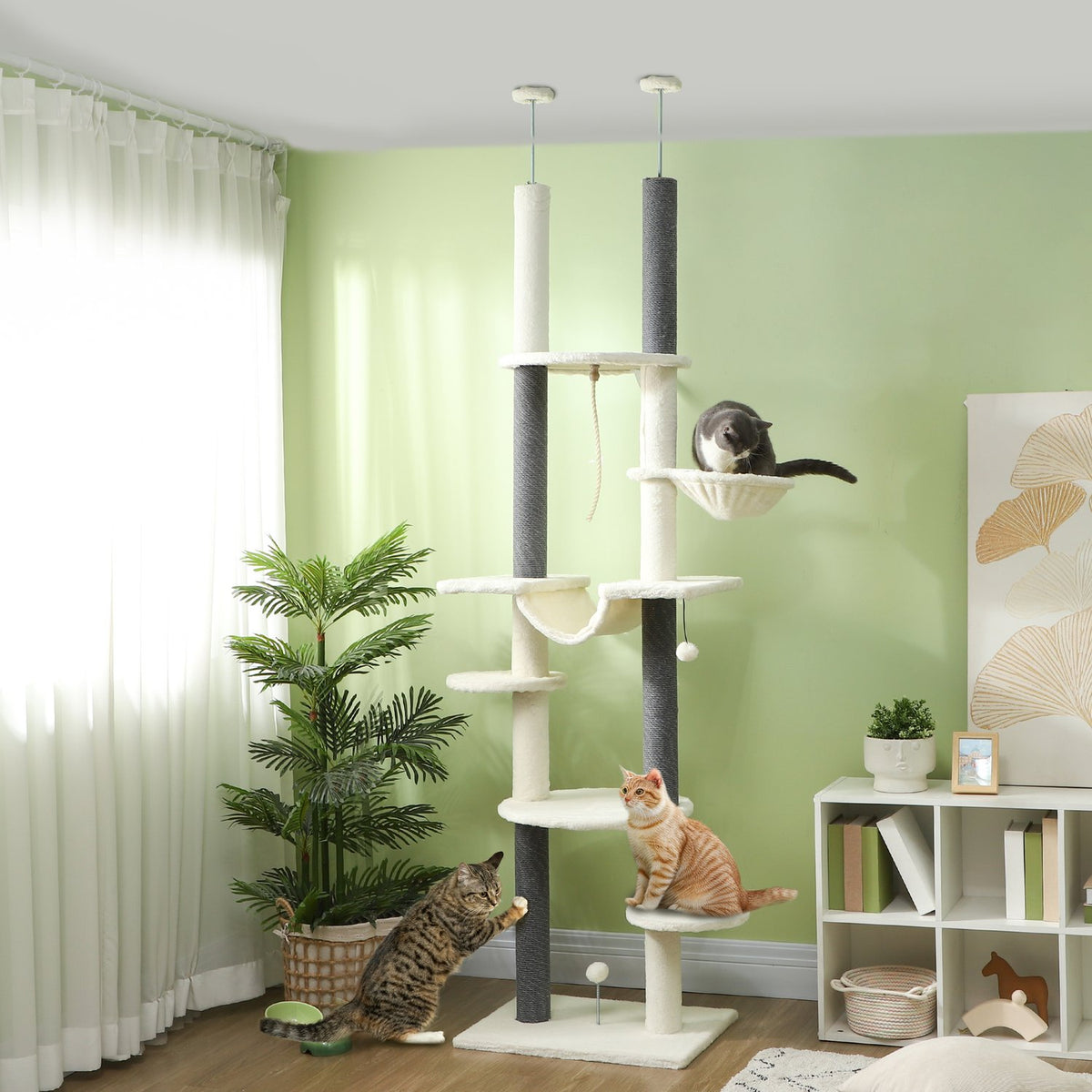 Scratching post ceiling high, cat tree, 225-255 cm cat scratching post with hammocks, scratching posts, basket, play ball, cat furniture with tip protection, white