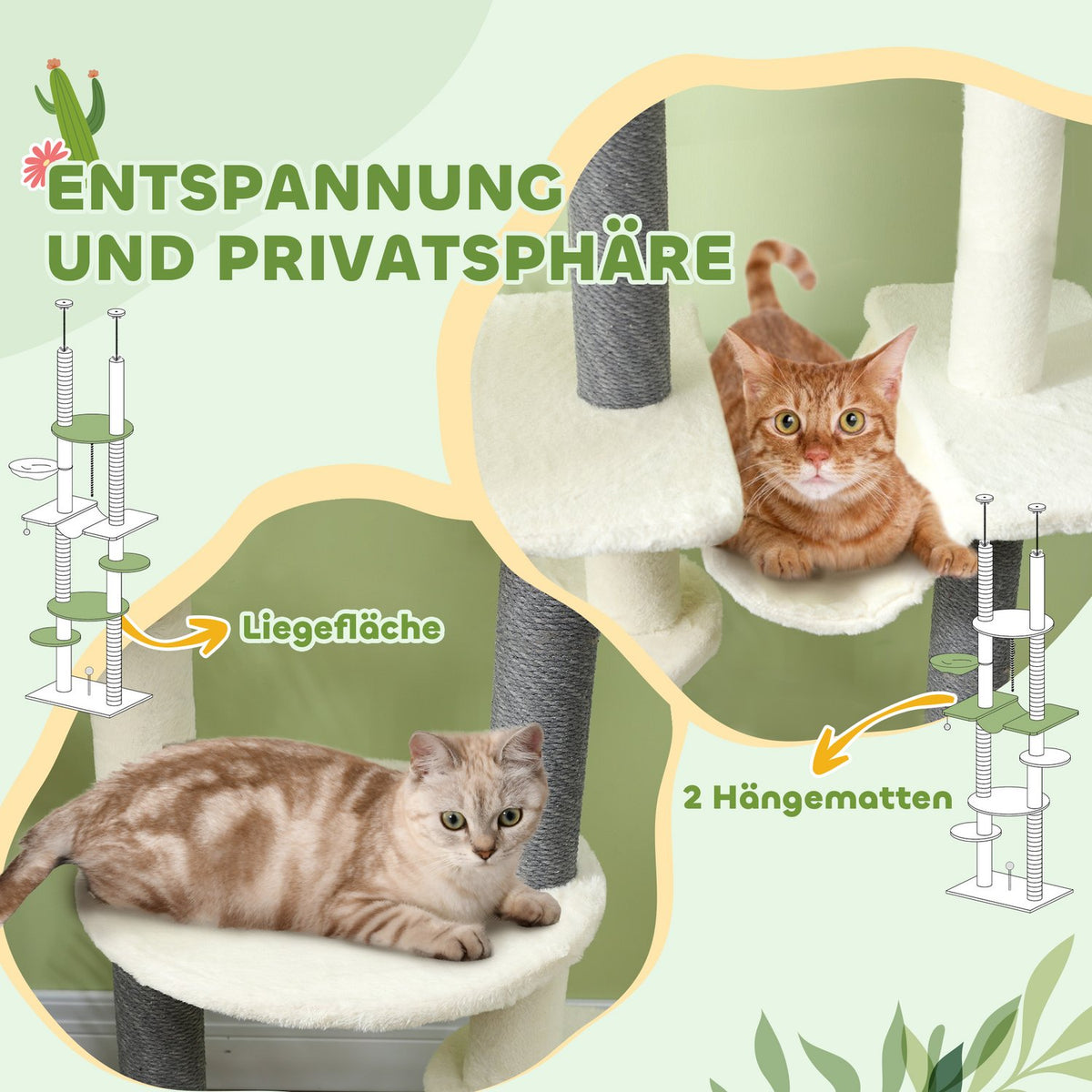 Scratching post ceiling high, cat tree, 225-255 cm cat scratching post with hammocks, scratching posts, basket, play ball, cat furniture with tip protection, white