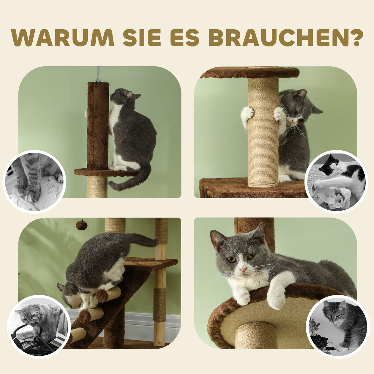 Scratching post ceiling high, cat tree, 225-265 cm cat scratching post with cat cave, scratching posts, play ball, cat furniture with tip protection, brown