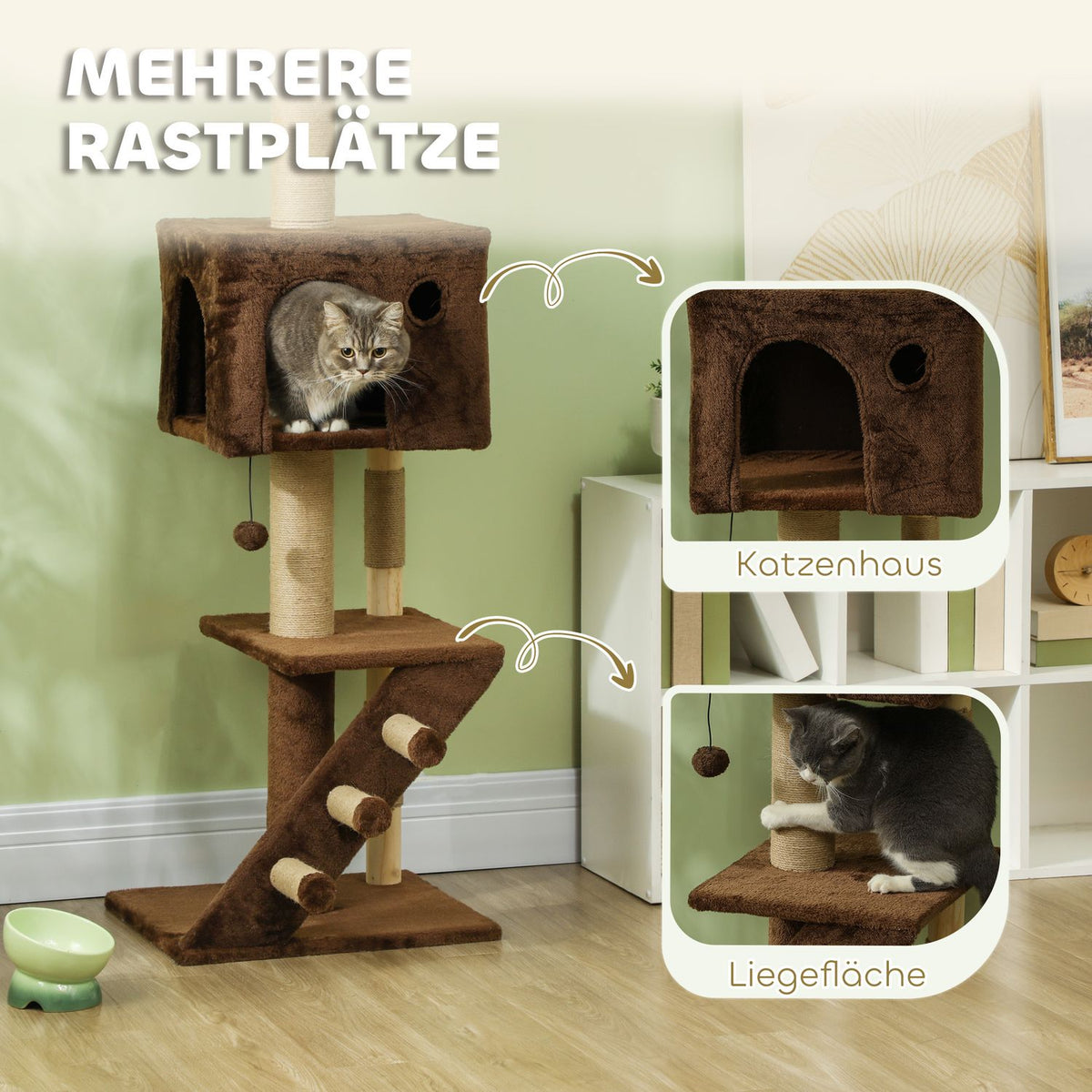Scratching post ceiling high, cat tree, 225-265 cm cat scratching post with cat cave, scratching posts, play ball, cat furniture with tip protection, brown