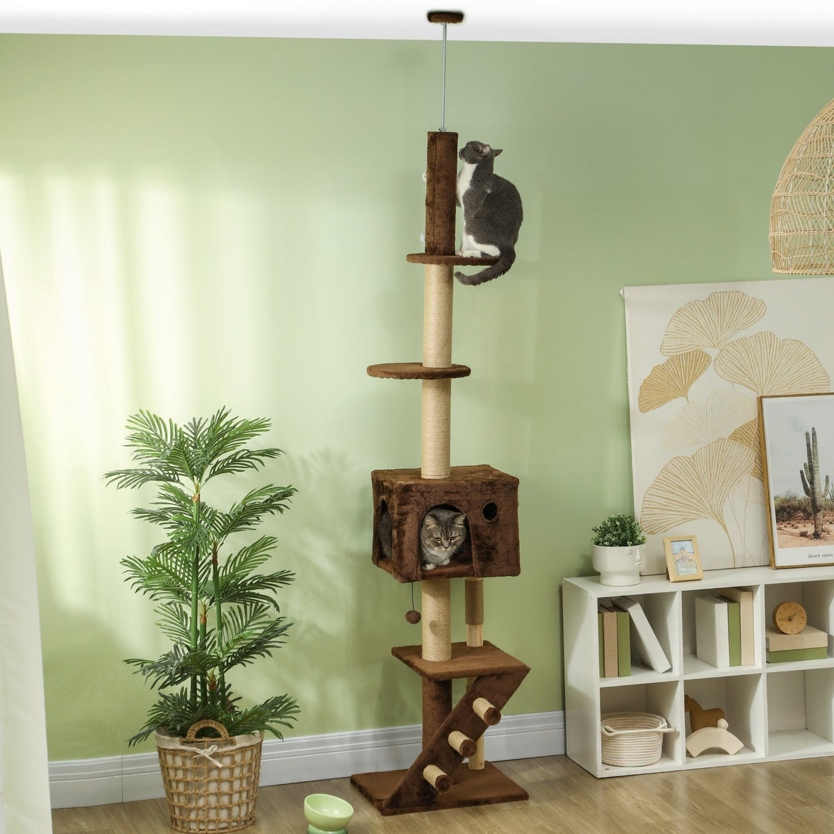Scratching post ceiling high, cat tree, 225-265 cm cat scratching post with cat cave, scratching posts, play ball, cat furniture with tip protection, brown