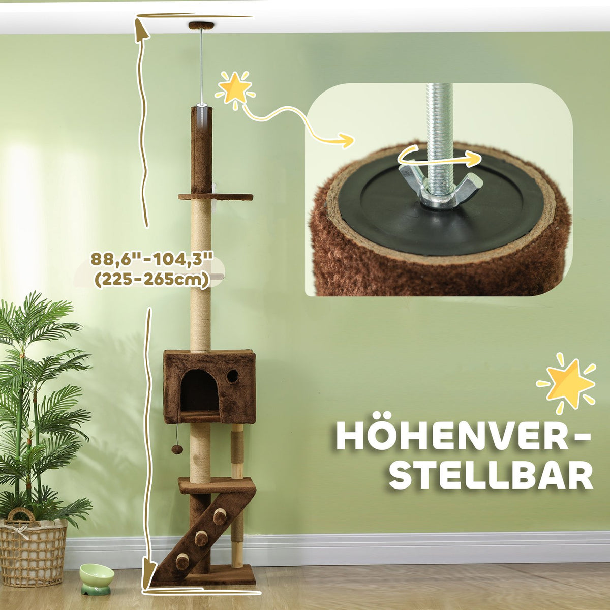 Scratching post ceiling high, cat tree, 225-265 cm cat scratching post with cat cave, scratching posts, play ball, cat furniture with tip protection, brown