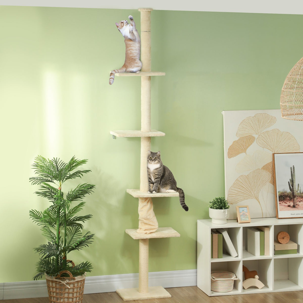 Scratching post ceiling high, cat tree, 225-275 cm cat scratching post with platforms, cat furniture with tip protection, cream white