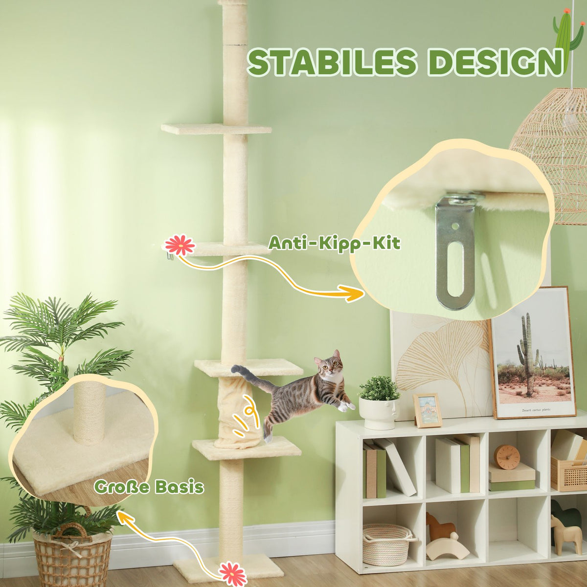 Scratching post ceiling high, cat tree, 225-275 cm cat scratching post with platforms, cat furniture with tip protection, cream white