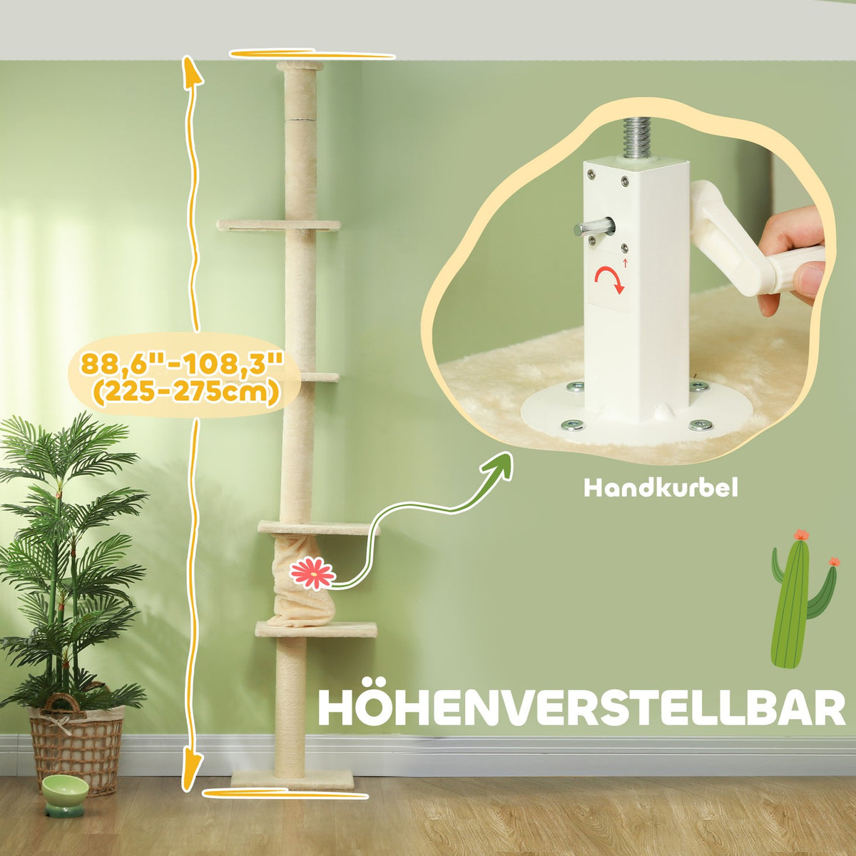 Scratching post ceiling high, cat tree, 225-275 cm cat scratching post with platforms, cat furniture with tip protection, cream white