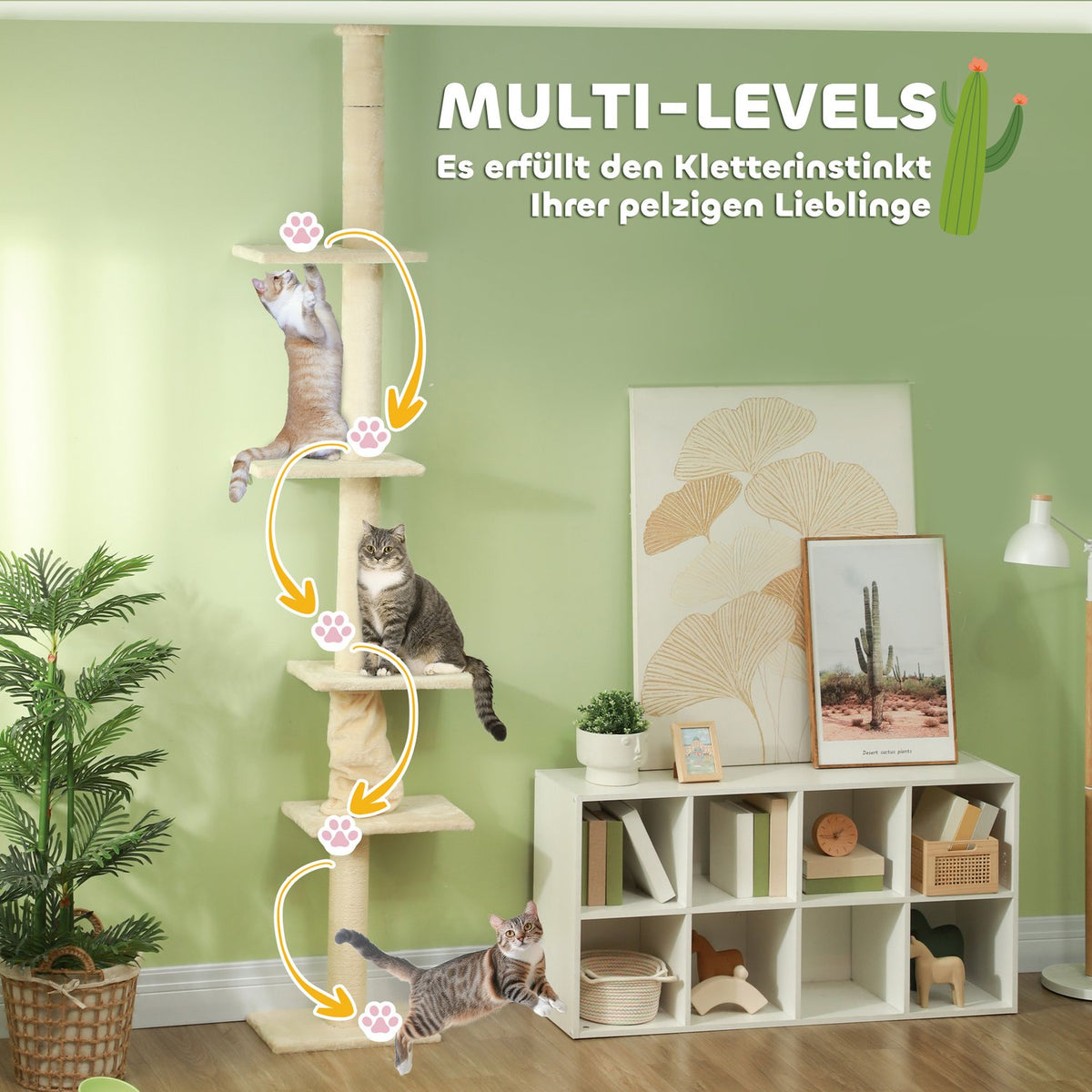 Scratching post ceiling high, cat tree, 225-275 cm cat scratching post with platforms, cat furniture with tip protection, cream white
