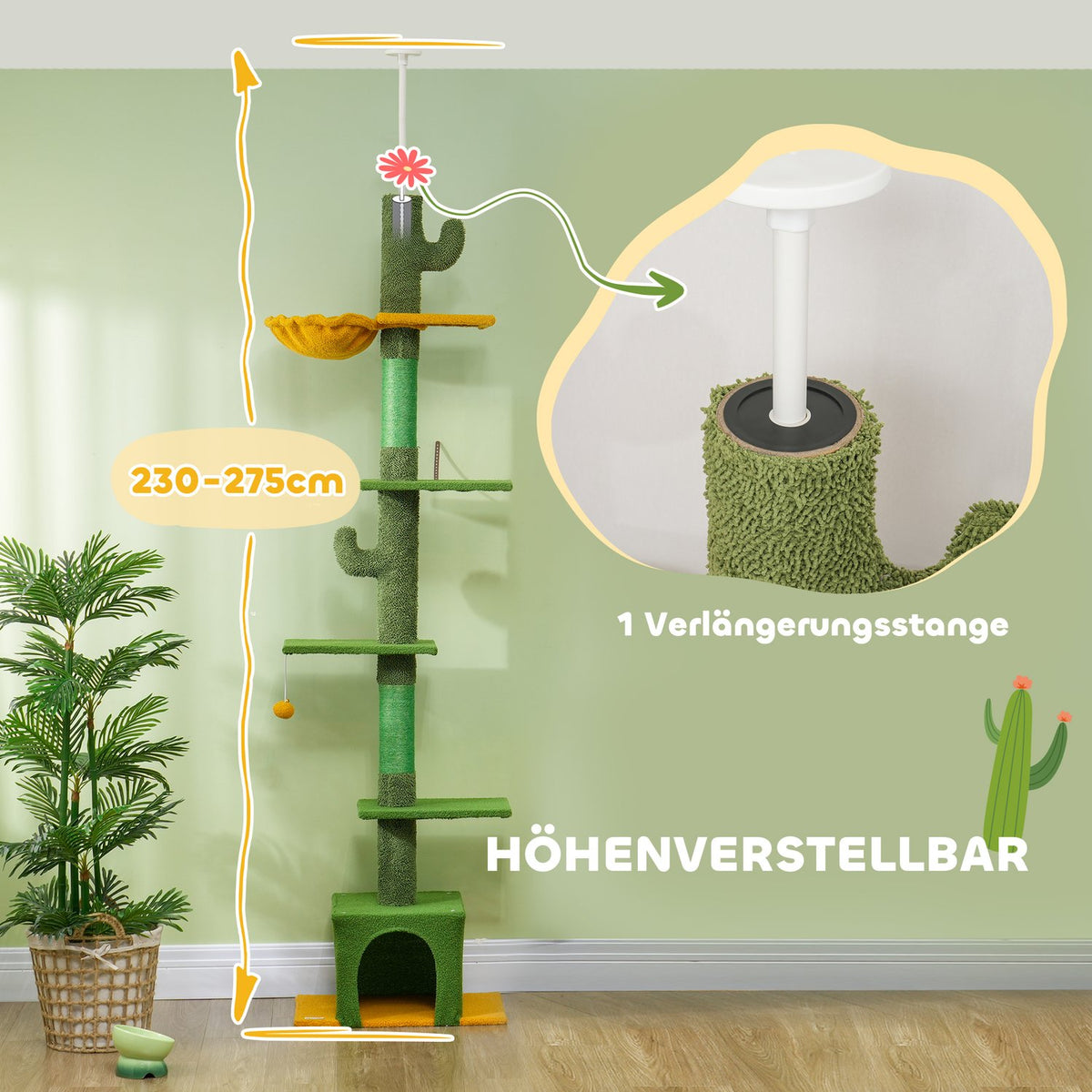 Scratching post ceiling high, cat tree, 230-275 cm cat scratching post with cat cave, scratching posts, play ball, cat furniture with tip protection, green