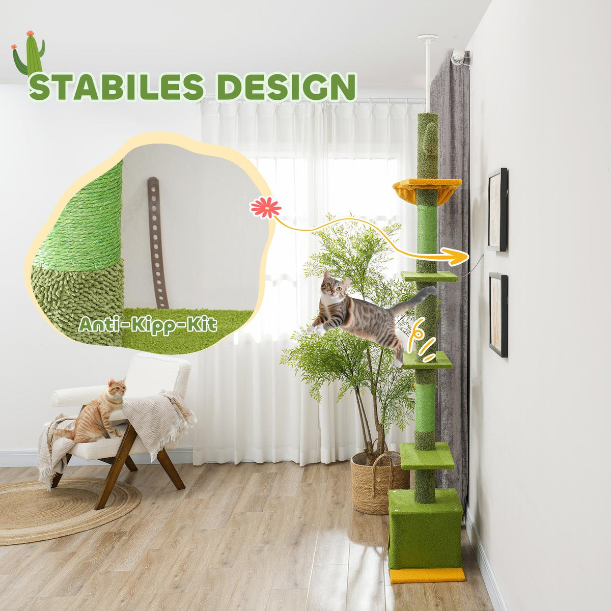 Scratching post ceiling high, cat tree, 230-275 cm cat scratching post with cat cave, scratching posts, play ball, cat furniture with tip protection, green