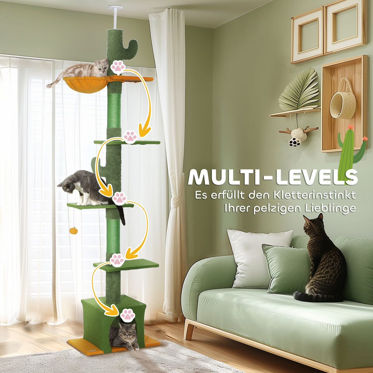 Scratching post ceiling high, cat tree, 230-275 cm cat scratching post with cat cave, scratching posts, play ball, cat furniture with tip protection, green