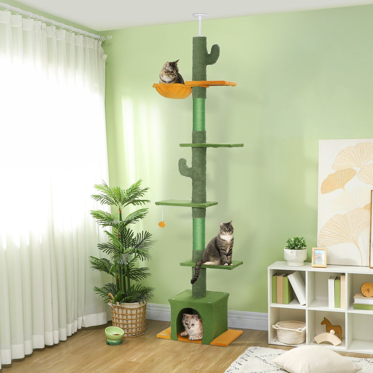 Scratching post ceiling high, cat tree, 230-275 cm cat scratching post with cat cave, scratching posts, play ball, cat furniture with tip protection, green