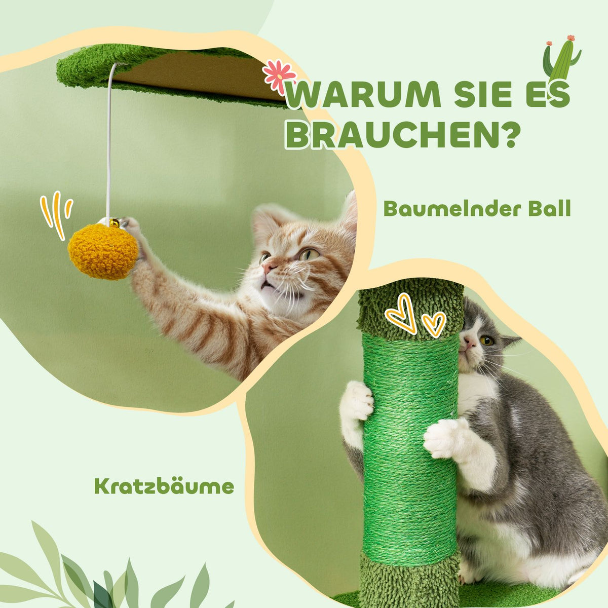 Scratching post ceiling high, cat tree, 230-275 cm cat scratching post with cat cave, scratching posts, play ball, cat furniture with tip protection, green