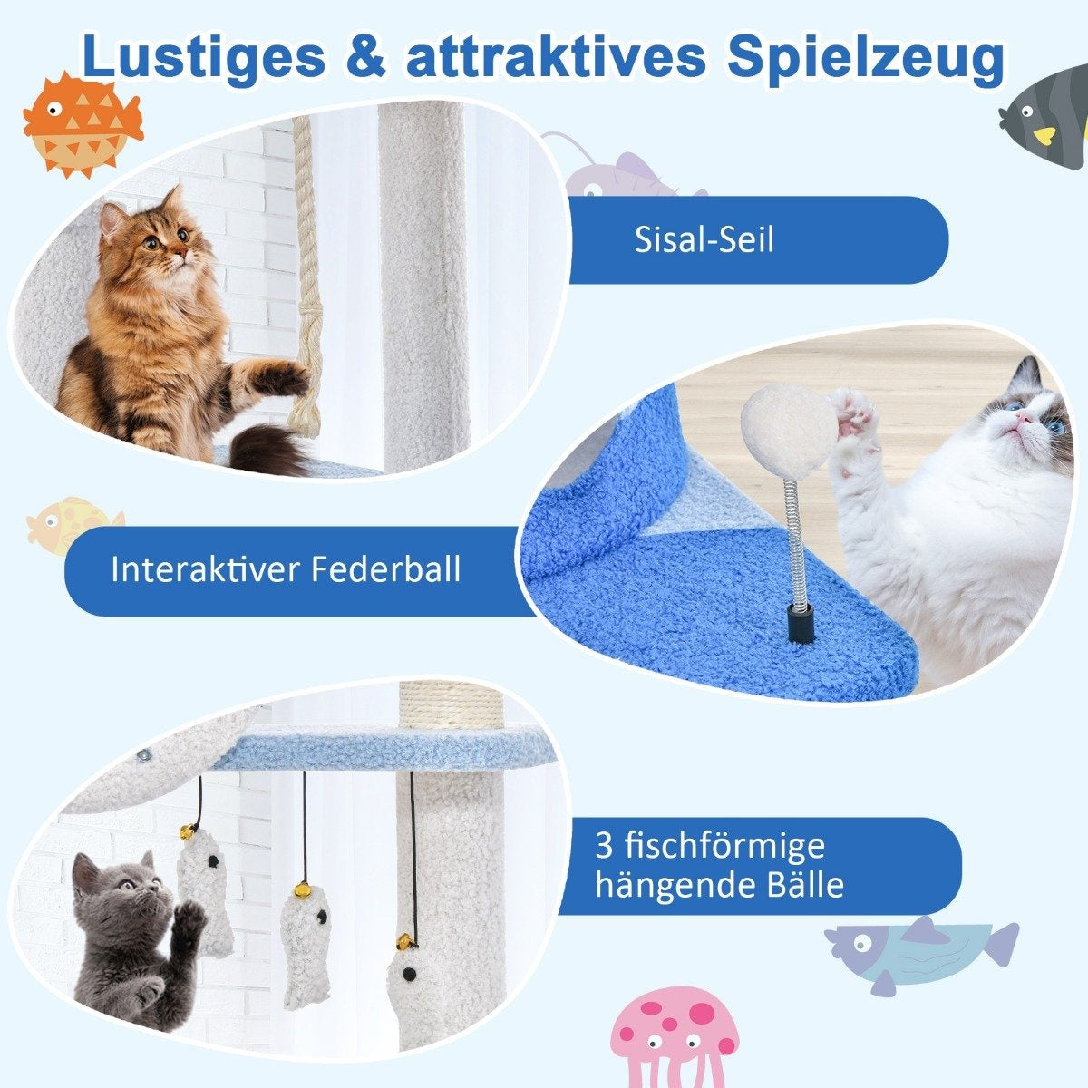 Scratching post in a marine motif, multi-story cat tower with sisal-covered posts, blue, 69 x 49 x 168 cm