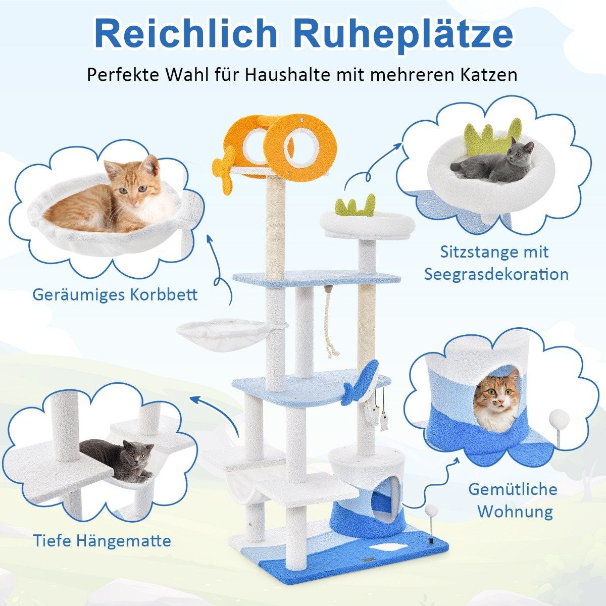 Scratching post in a marine motif, multi-story cat tower with sisal-covered posts, blue, 69 x 49 x 168 cm