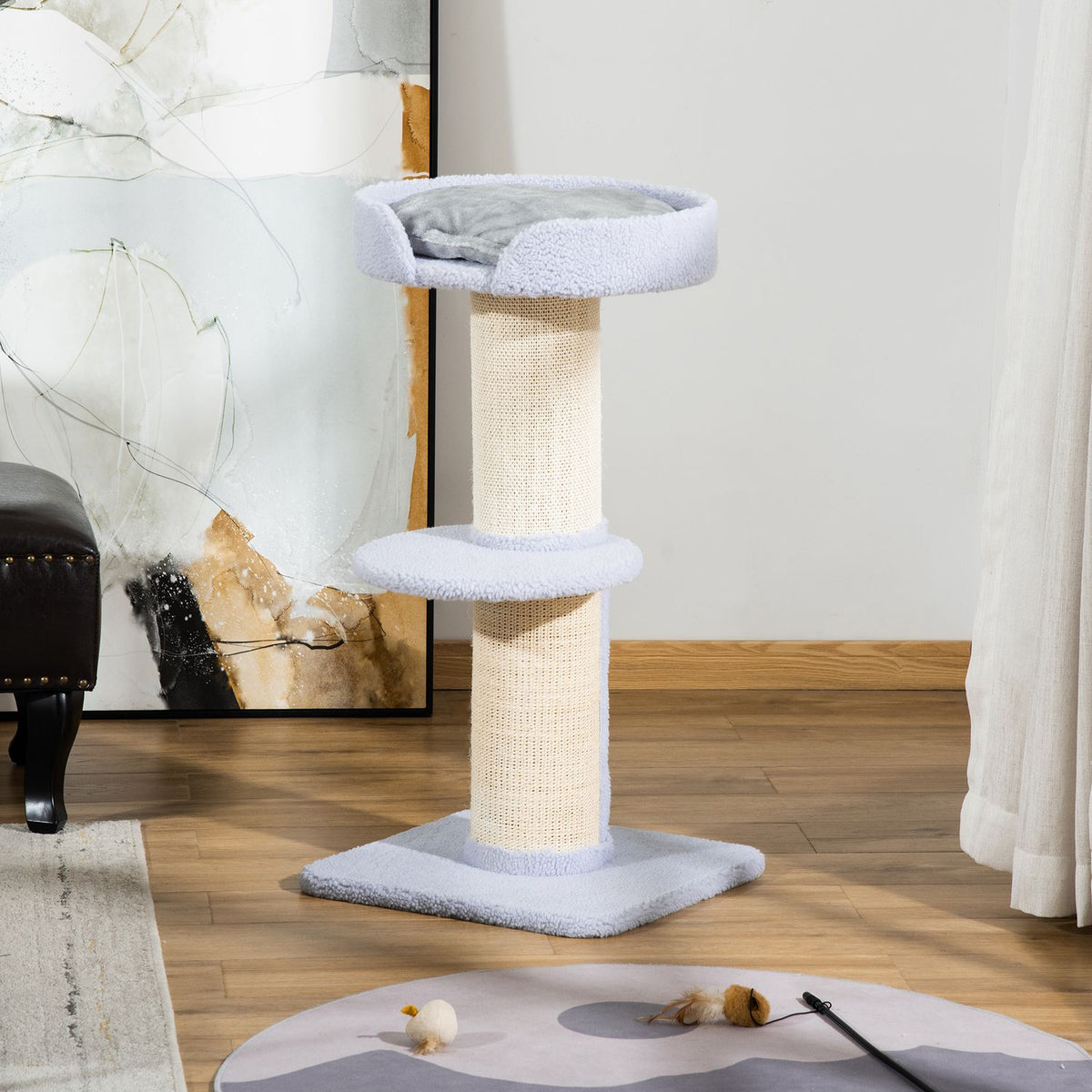 Scratching post, load capacity 30kg, play tree with scratching post, platform, sisal, light blue, 45x45x91cm