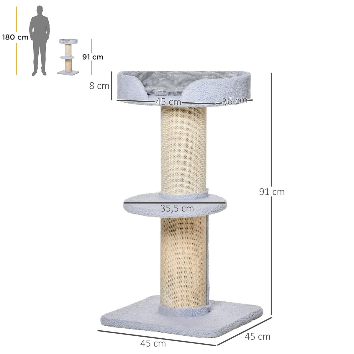 Scratching post, load capacity 30kg, play tree with scratching post, platform, sisal, light blue, 45x45x91cm