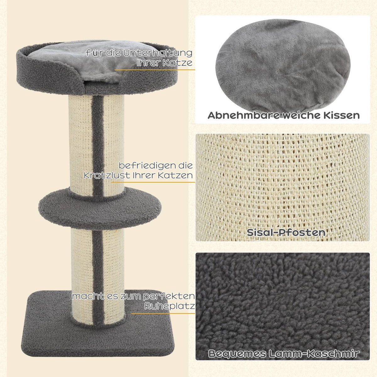 Scratching posts for cats, load capacity 30kg, scratching post with platform, stable, sisal, gray