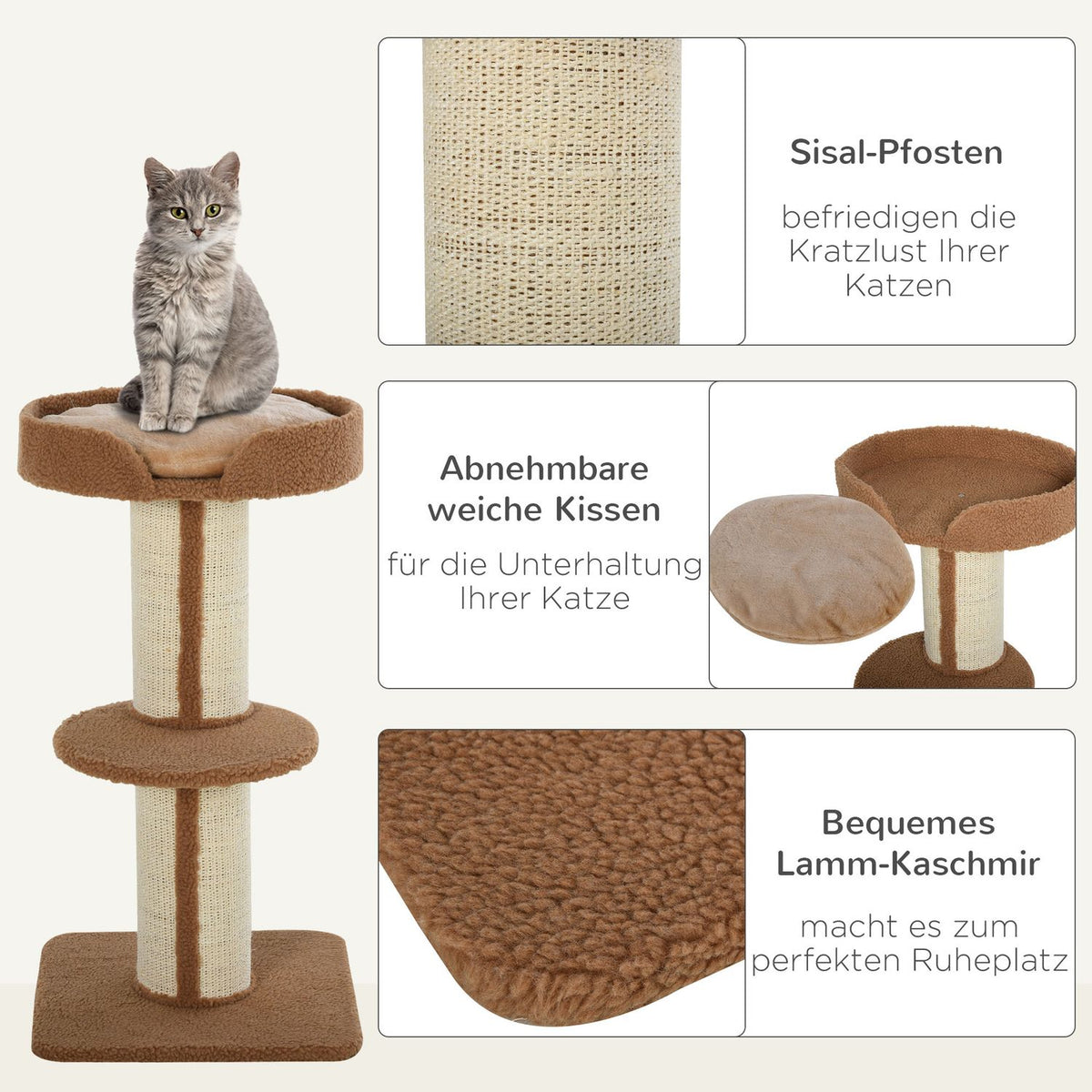 Scratching post with removable cushions, up to 30 kg, scratching post, cat tree with platform, stable, sisal, light brown, 45x45x91cm