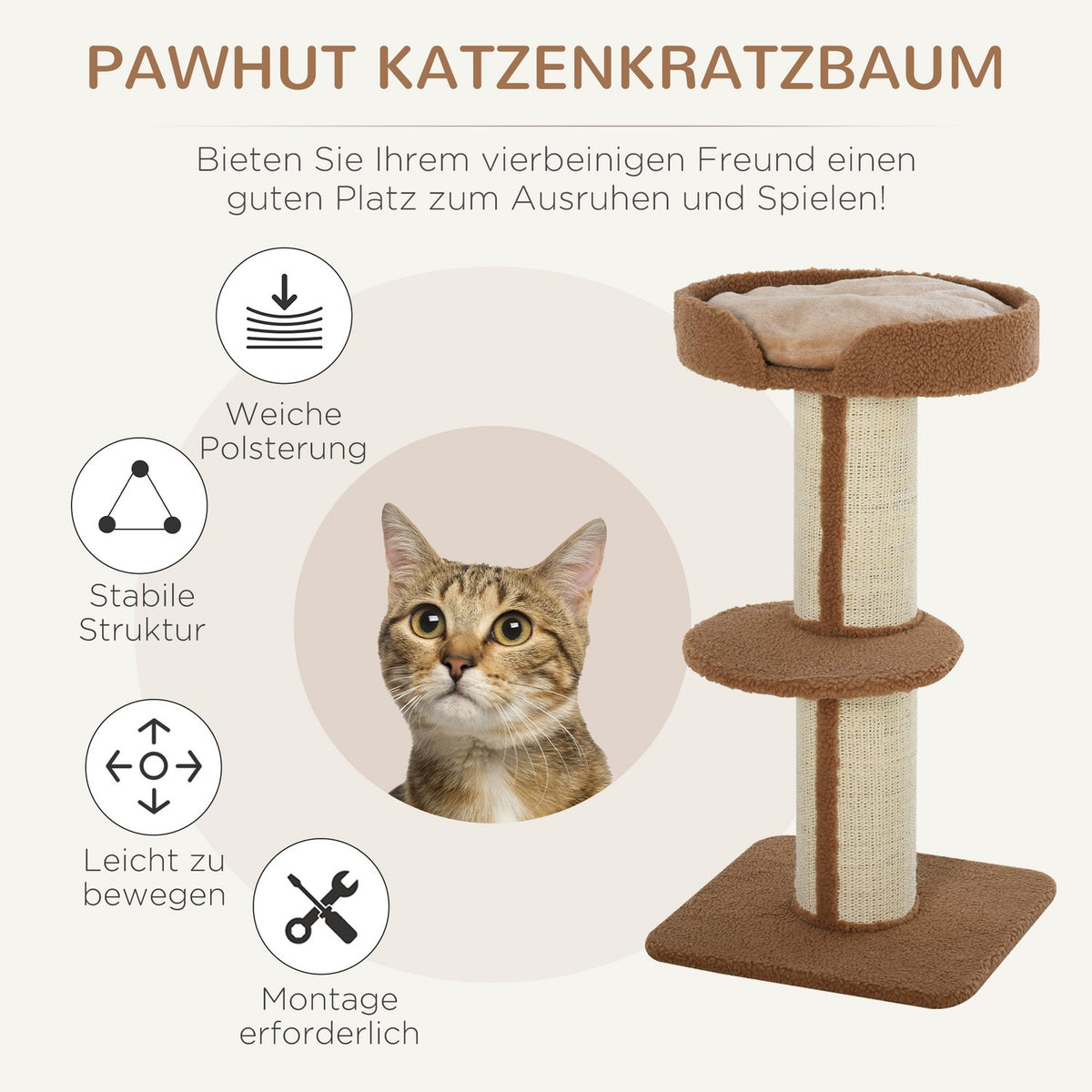 Scratching post with removable cushions, up to 30 kg, scratching post, cat tree with platform, stable, sisal, light brown, 45x45x91cm