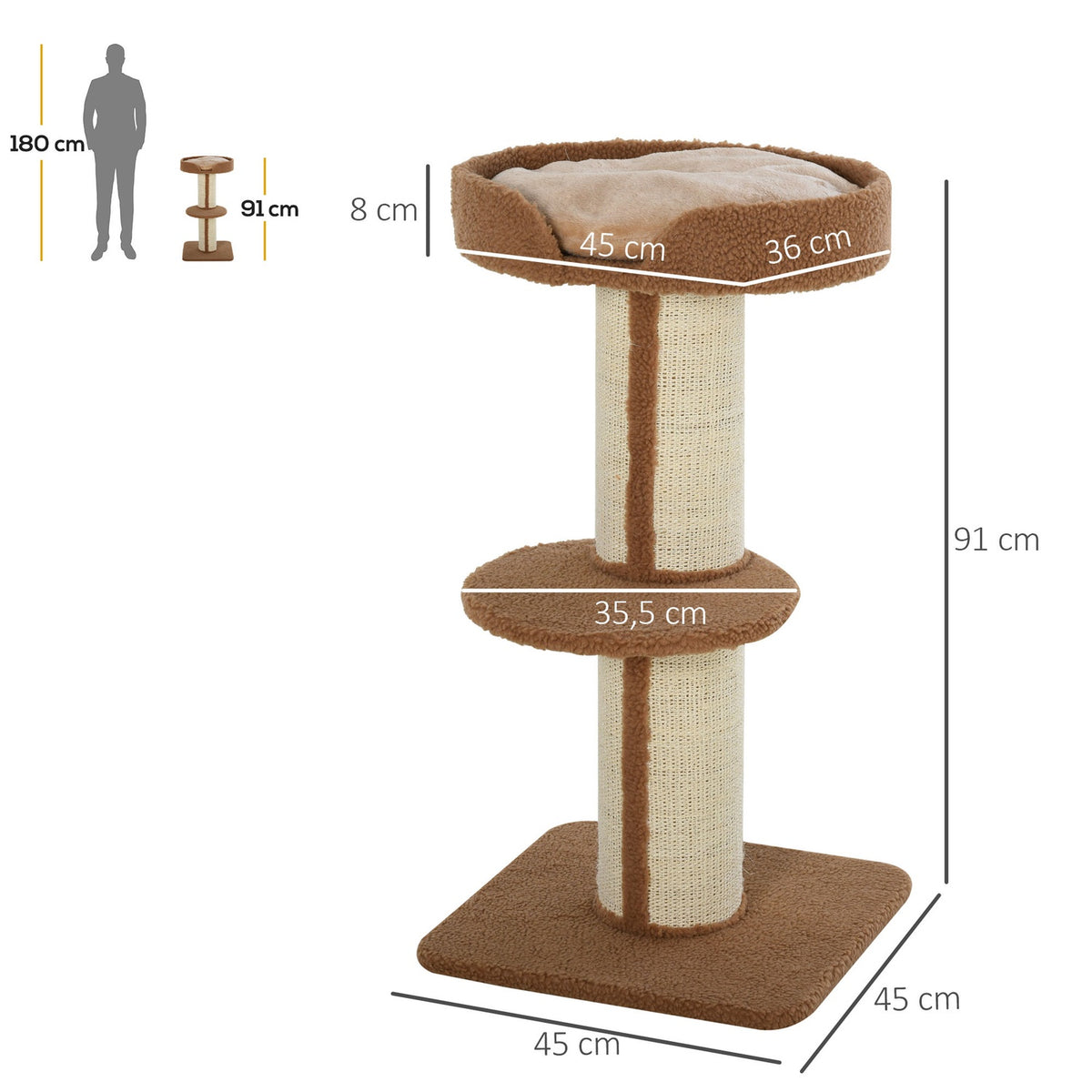 Scratching post with removable cushions, up to 30 kg, scratching post, cat tree with platform, stable, sisal, light brown, 45x45x91cm